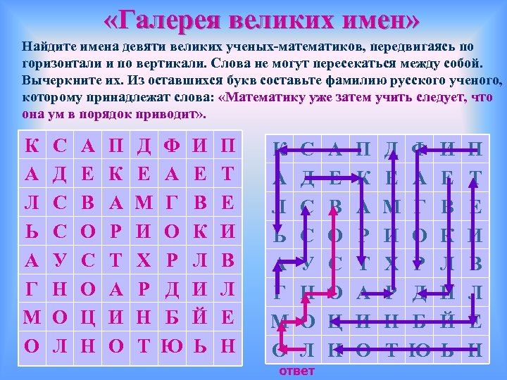  «Галерея великих имен» Найдите имена девяти великих ученых-математиков, передвигаясь по горизонтали и по