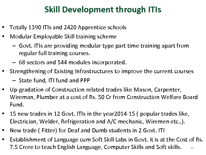 Skill Development through ITIs • Totally 1390 ITIs and 2420 Apprentice schools • Modular