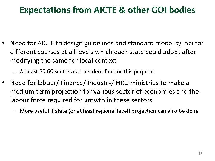 Expectations from AICTE & other GOI bodies • Need for AICTE to design guidelines