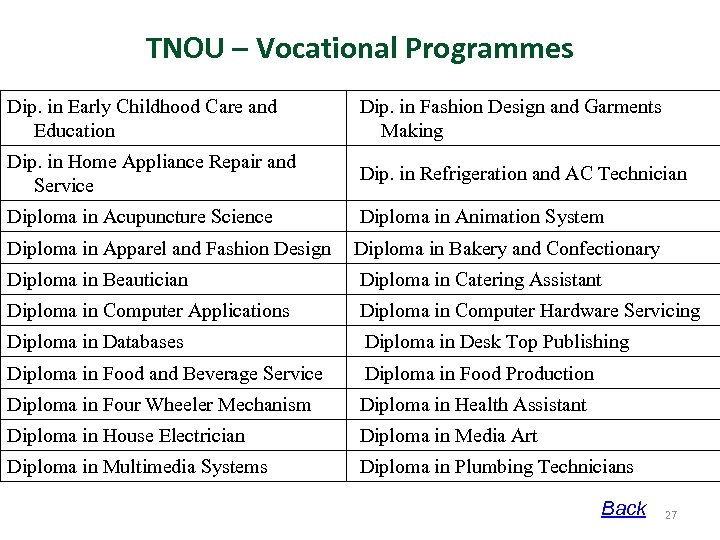 TNOU – Vocational Programmes Dip. in Early Childhood Care and Education Dip. in Fashion