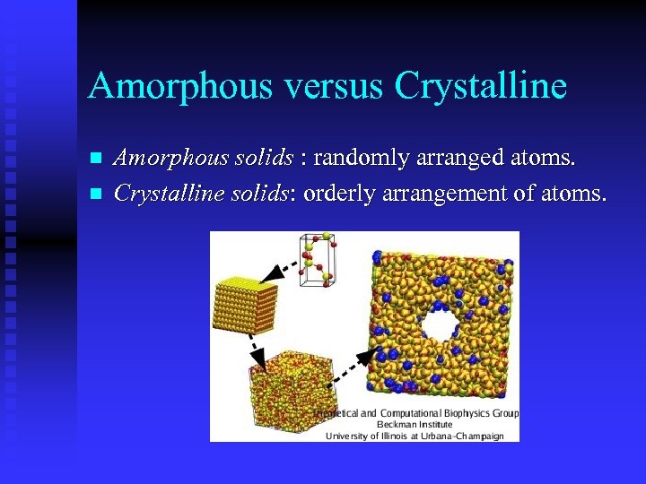 Amorphous versus Crystalline n n Amorphous solids : randomly arranged atoms. Crystalline solids: orderly