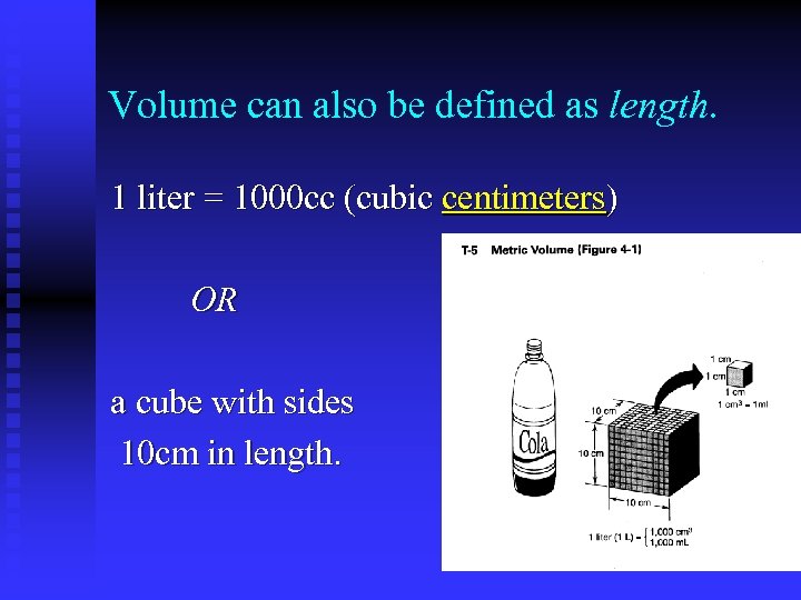Volume can also be defined as length. 1 liter = 1000 cc (cubic centimeters)