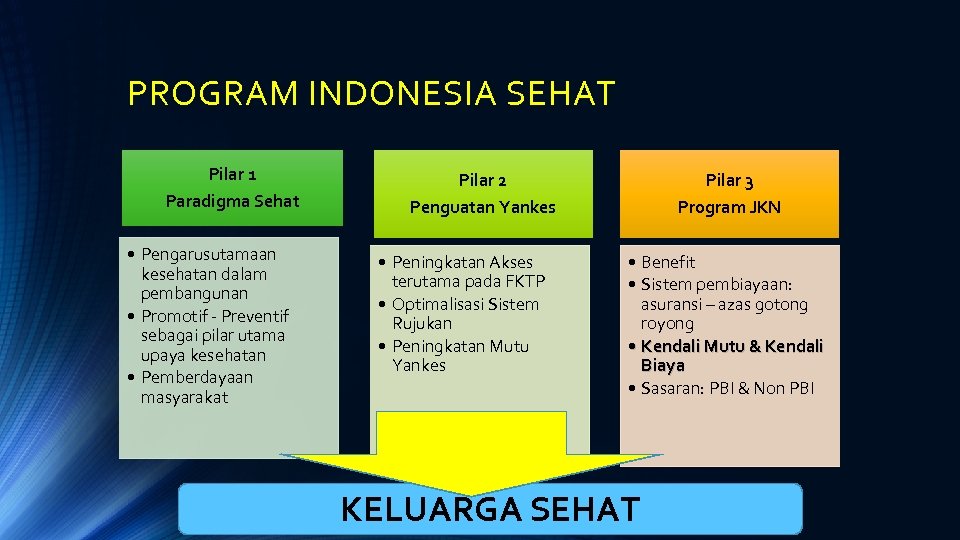 PROGRAM INDONESIA SEHAT Pilar 1 Paradigma Sehat • Pengarusutamaan kesehatan dalam pembangunan • Promotif
