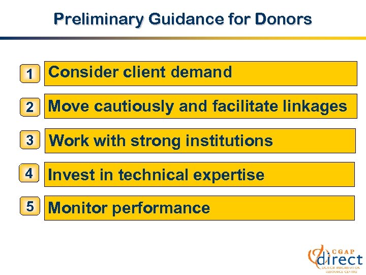 Preliminary Guidance for Donors 1 Consider client demand 2 Move cautiously and facilitate linkages