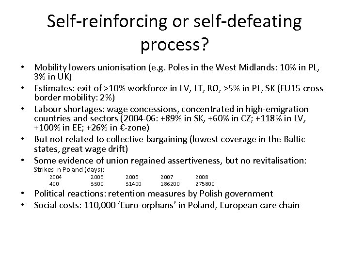 Self-reinforcing or self-defeating process? • Mobility lowers unionisation (e. g. Poles in the West