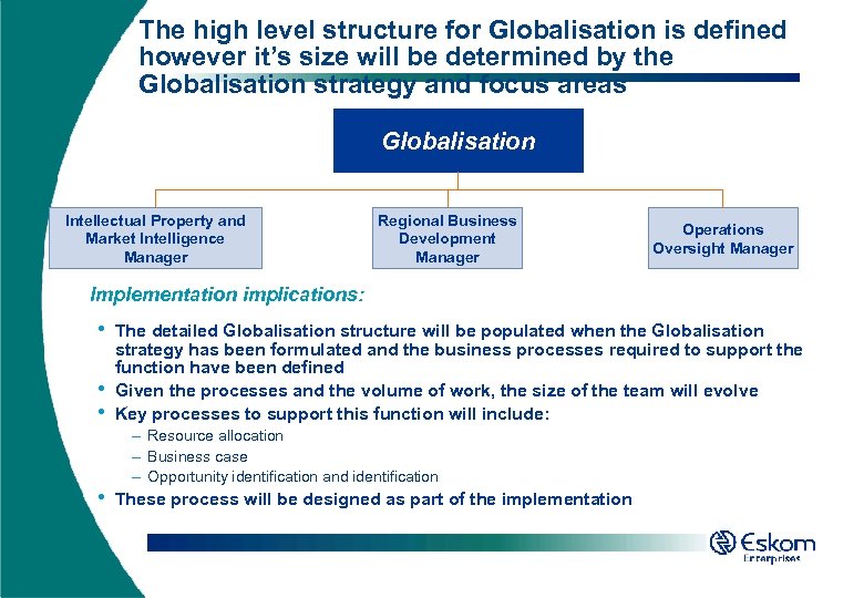 The high level structure for Globalisation is defined however it’s size will be determined