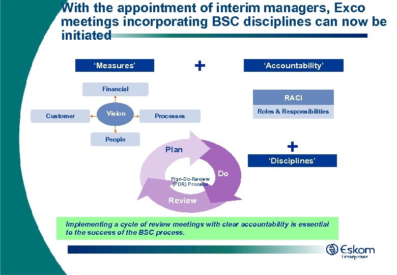 With the appointment of interim managers, Exco meetings incorporating BSC disciplines can now be