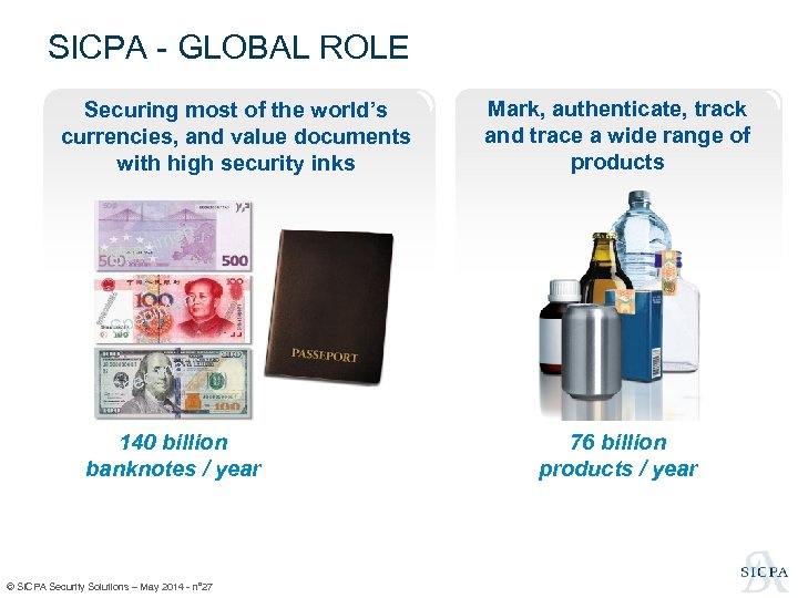 SICPA - GLOBAL ROLE Securing most of the world’s currencies, and value documents with