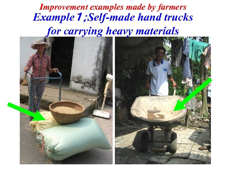 Improvement examples made by farmers Example１；Self-made hand trucks for carrying heavy materials 