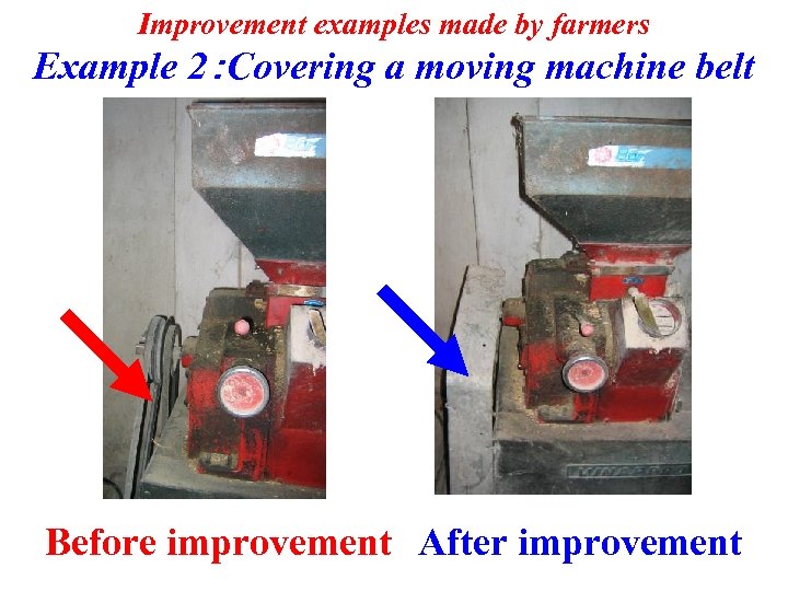 Improvement examples made by farmers Example 2：Covering a moving machine belt Before improvement　After improvement