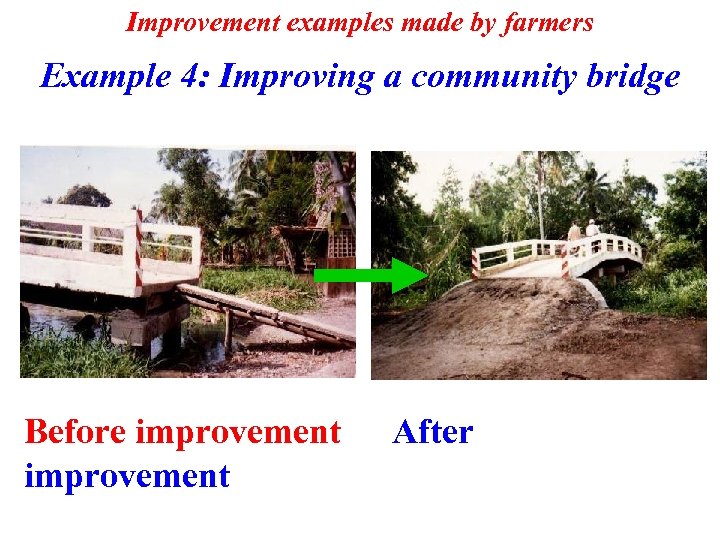 Improvement examples made by farmers Example 4: Improving a community bridge Before improvement　 After