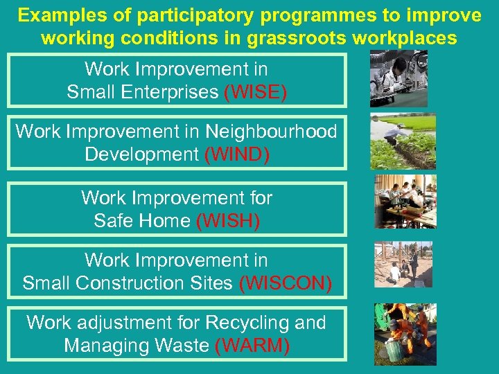 Examples of participatory programmes to improve working conditions in grassroots workplaces Work Improvement in