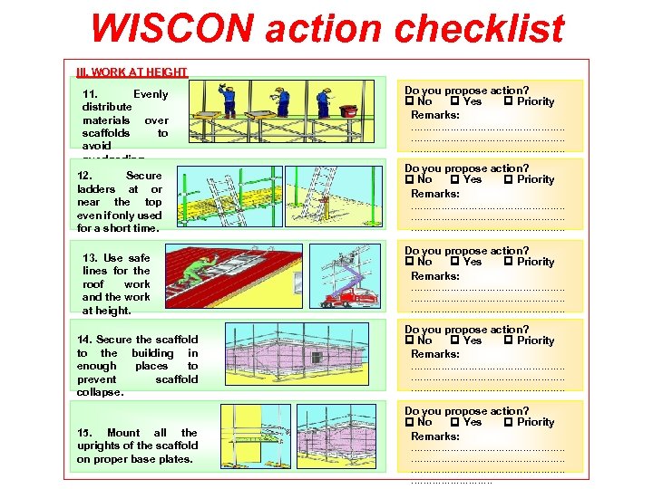 WISCON action checklist III. WORK AT HEIGHT 11. Evenly distribute materials over scaffolds to