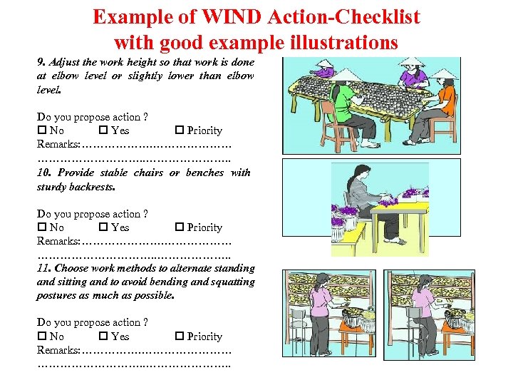 Example of WIND Action-Checklist with good example illustrations Action checklist 9. Adjust the work