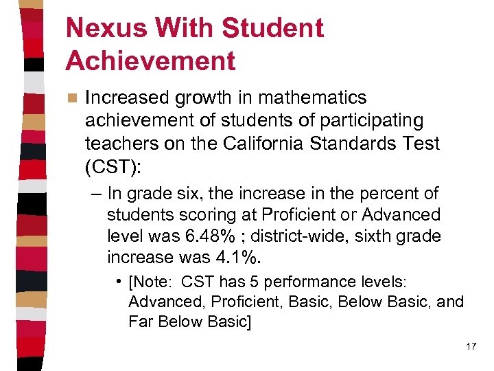 Nexus With Student Achievement n Increased growth in mathematics achievement of students of participating