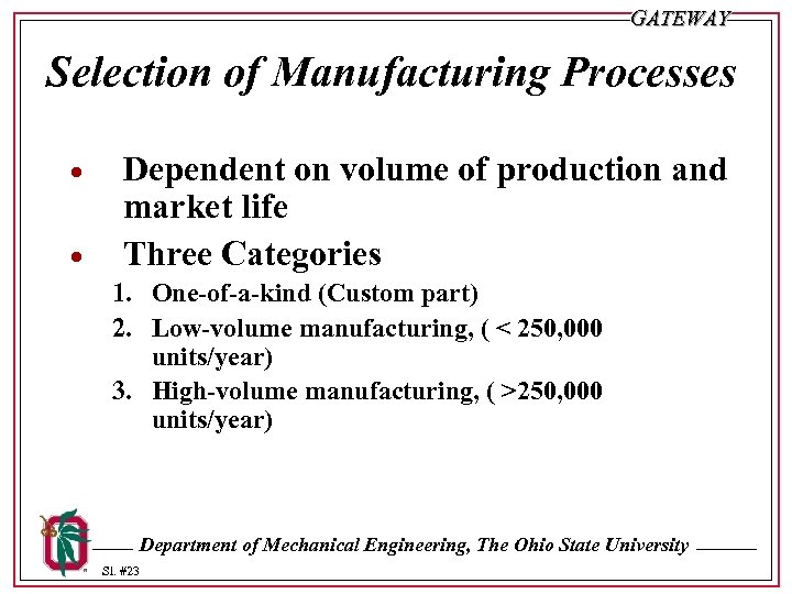 GATEWAY Selection of Manufacturing Processes · · Dependent on volume of production and market