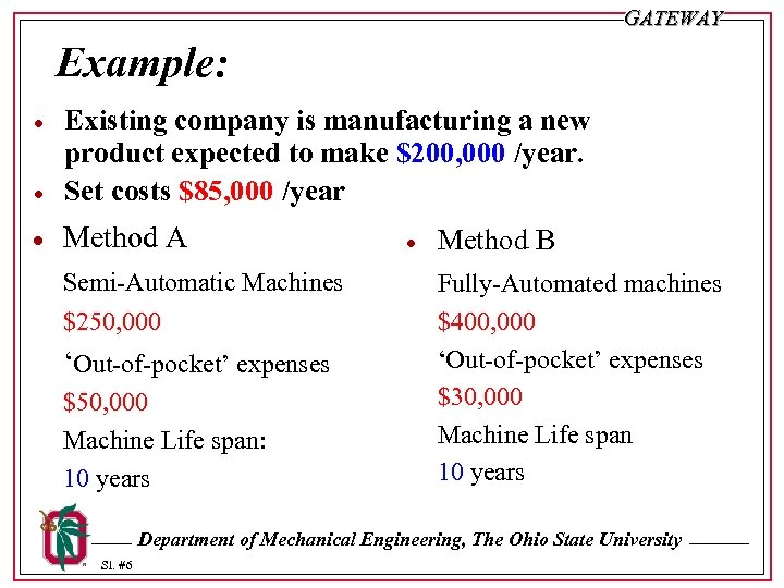 GATEWAY Example: · Existing company is manufacturing a new product expected to make $200,