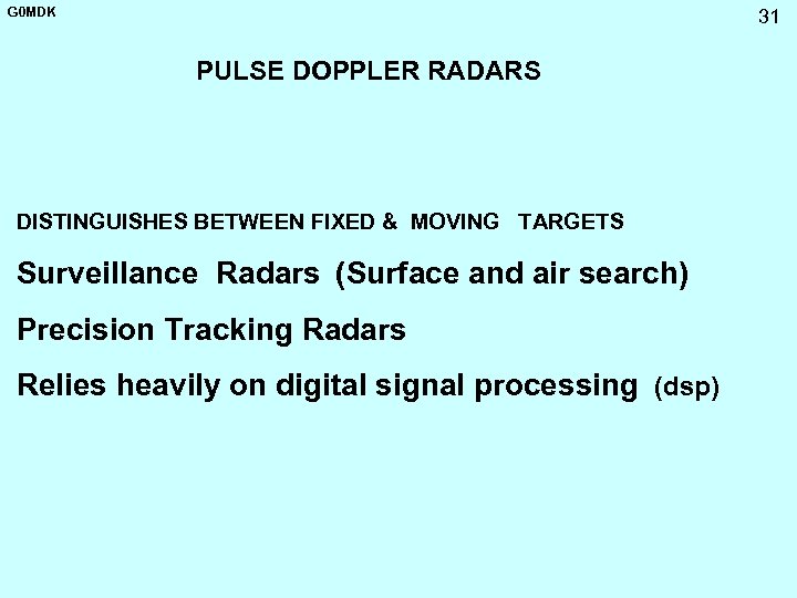 G 0 MDK 31 PULSE DOPPLER RADARS DISTINGUISHES BETWEEN FIXED & MOVING TARGETS Surveillance