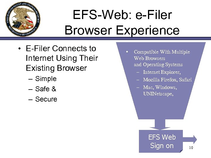 EFS-Web: e-Filer Browser Experience • E-Filer Connects to Internet Using Their Existing Browser –