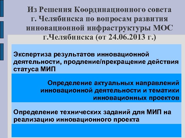 Из Решения Координационного совета г. Челябинска по вопросам развития инновационной инфраструктуры МОС г. Челябинска