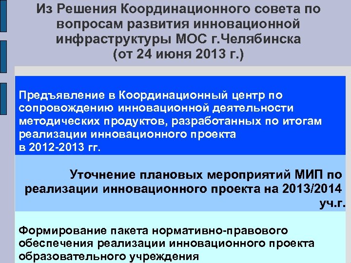 Из Решения Координационного совета по вопросам развития инновационной инфраструктуры МОС г. Челябинска (от 24