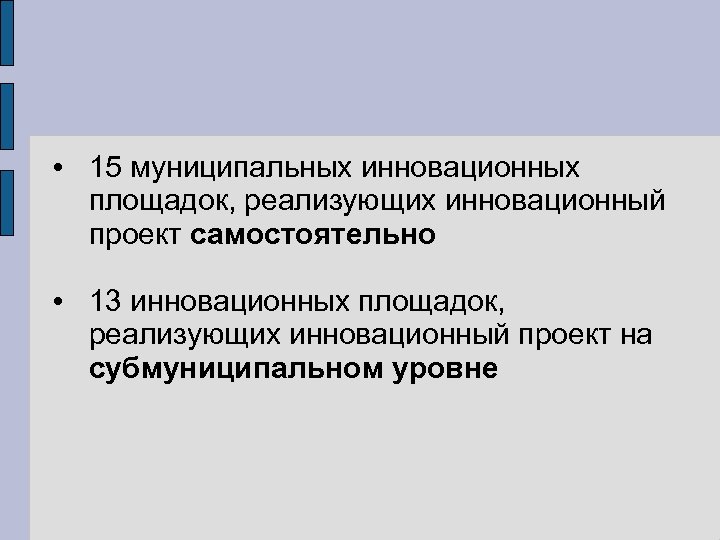  • 15 муниципальных инновационных площадок, реализующих инновационный проект самостоятельно • 13 инновационных площадок,