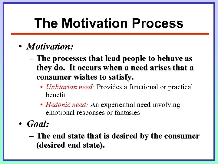 The Motivation Process • Motivation: – The processes that lead people to behave as