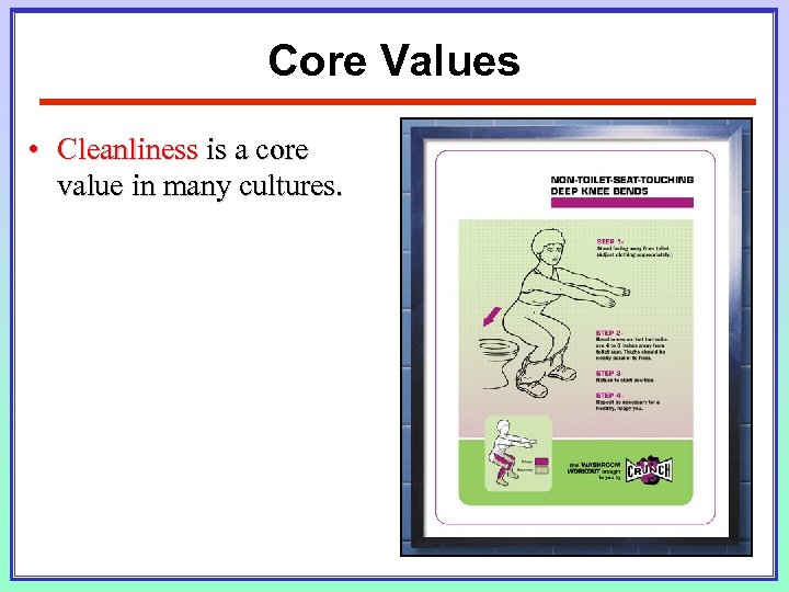 Core Values • Cleanliness is a core value in many cultures. 