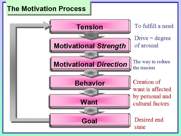 The Motivation Process Tension To fulfill a need Motivational Strength Drive = degree of