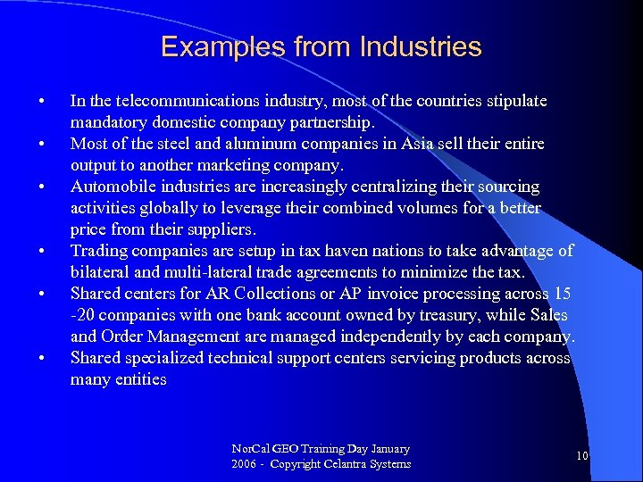 Examples from Industries • • • In the telecommunications industry, most of the countries