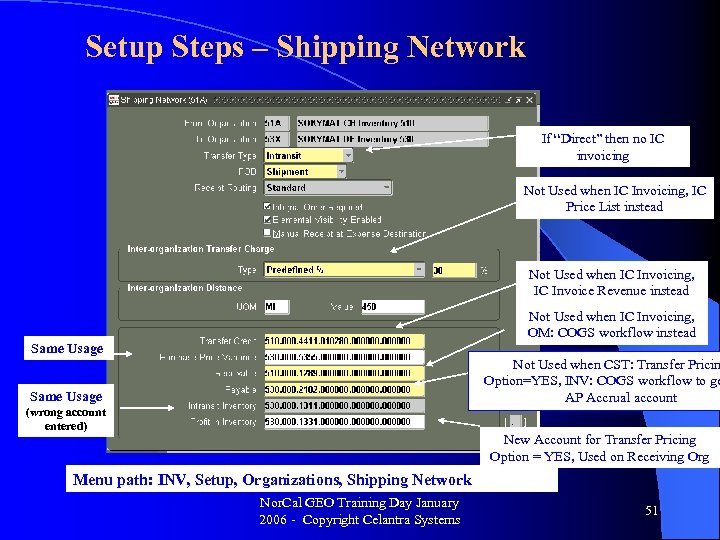 Setup Steps – Shipping Network If “Direct” then no IC invoicing Not Used when