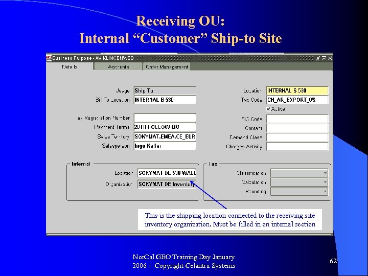 Receiving OU: Internal “Customer” Ship-to Site This is the shipping location connected to the