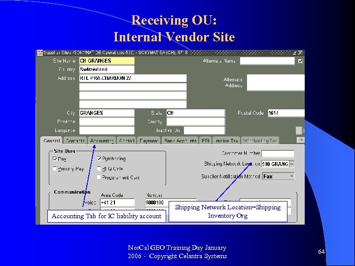 Receiving OU: Internal Vendor Site Accounting Tab for IC liability account Shipping Network Location=Shipping