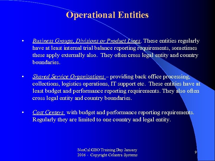 Operational Entities • Business Groups, Divisions or Product Lines. These entities regularly have at