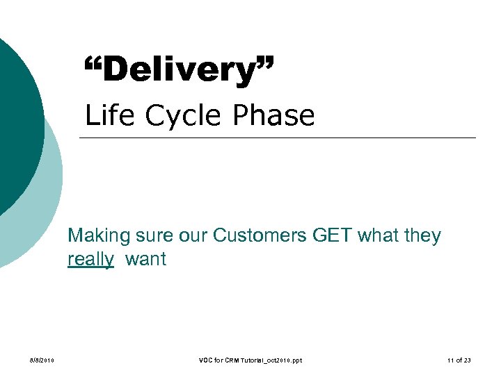 “Delivery” Life Cycle Phase Making sure our Customers GET what they really want 8/8/2010