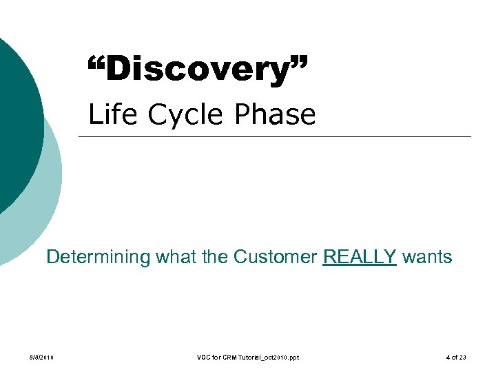 “Discovery” Life Cycle Phase Determining what the Customer REALLY wants 8/8/2010 VOC for CRM