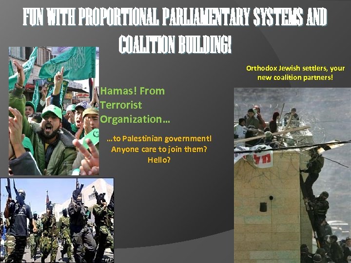 FUN WITH PROPORTIONAL PARLIAMENTARY SYSTEMS AND COALITION BUILDING! Orthodox Jewish settlers, your new coalition