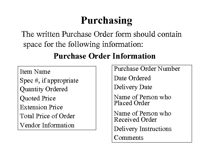 Purchasing The written Purchase Order form should contain space for the following information: Purchase