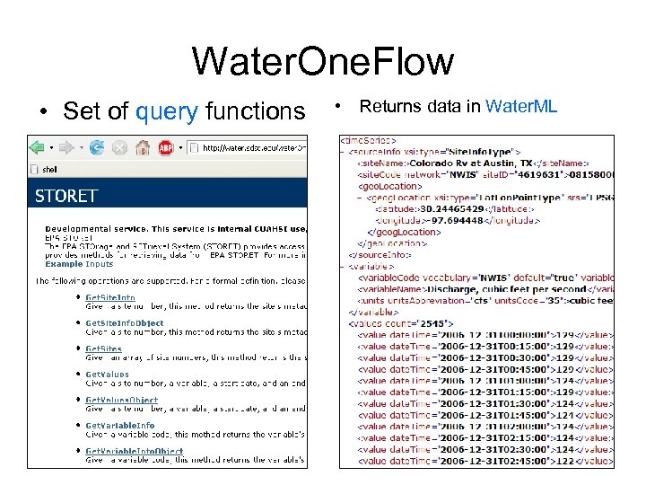 Water. One. Flow • Set of query functions • Returns data in Water. ML