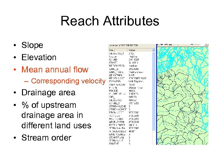 Reach Attributes • Slope • Elevation • Mean annual flow – Corresponding velocity •