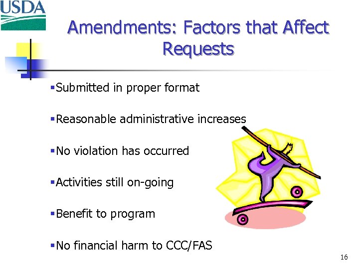 Amendments: Factors that Affect Requests §Submitted in proper format §Reasonable administrative increases §No violation