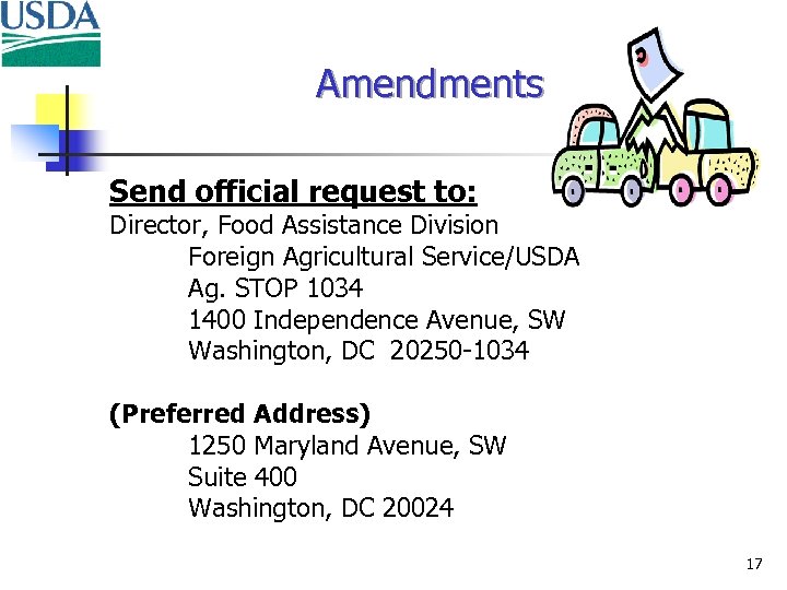 Amendments Send official request to: Director, Food Assistance Division Foreign Agricultural Service/USDA Ag. STOP