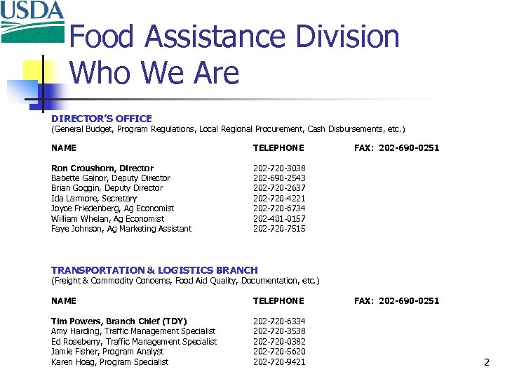 Food Assistance Division Who We Are DIRECTOR’S OFFICE (General Budget, Program Regulations, Local Regional
