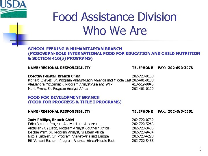 Food Assistance Division Who We Are SCHOOL FEEDING & HUMANITARIAN BRANCH (MCGOVERN-DOLE INTERNATIONAL FOOD