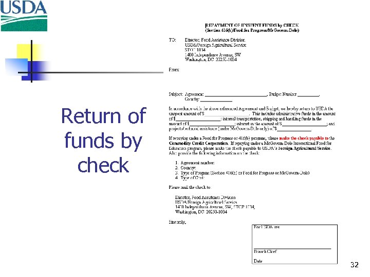 Return of funds by check 32 