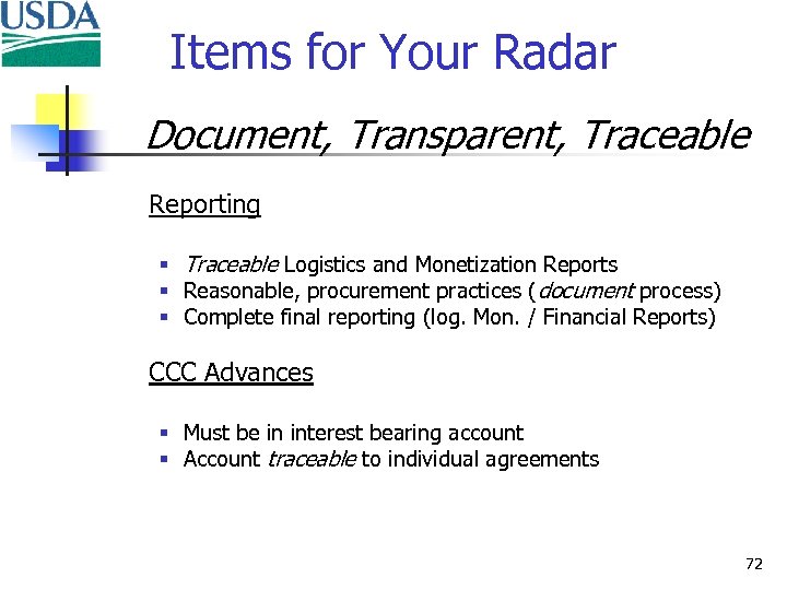  Items for Your Radar Document, Transparent, Traceable Reporting § Traceable Logistics and Monetization