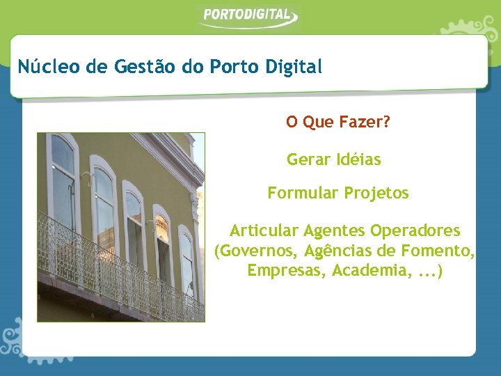 Núcleo de Gestão do Porto Digital O Que Fazer? Gerar Idéias Formular Projetos Articular