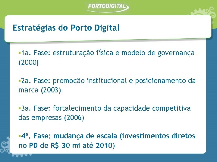 Estratégias do Porto Digital ▪ 1 a. Fase: estruturação física e modelo de governança