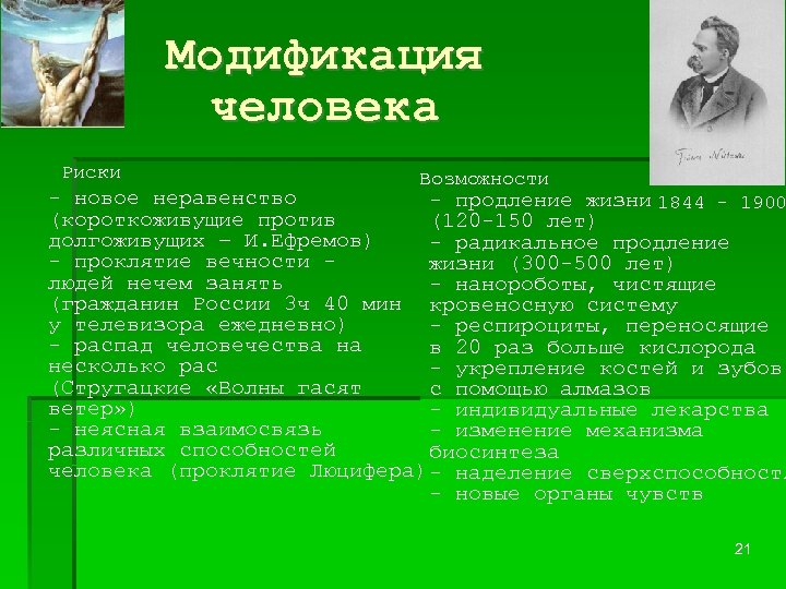 Модификация человека Риски Возможности - новое неравенство - продление жизни 1844 - 1900 (короткоживущие