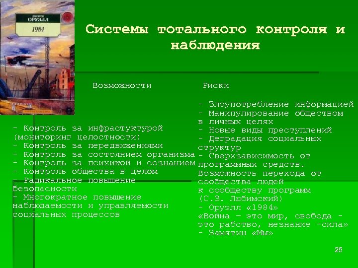 Системы тотального контроля и наблюдения Возможности Риски - Злоупотребление информацией - Манипулирование обществом в
